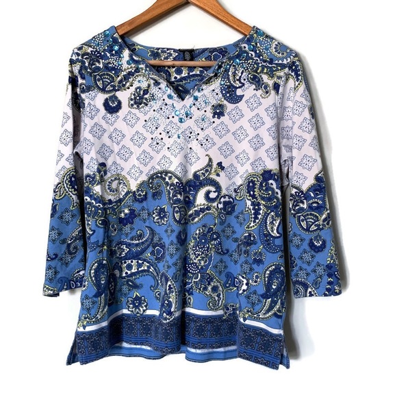 Rafaella Paisley Top Blue 3/4 Sleeve Large Petite - Picture 3 of 9